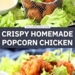 Pinterest Graphic for crispy homemade popcorn chicken