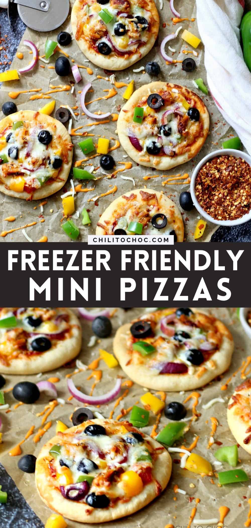 Pinterest collage for freezer friendly mini pizzas.