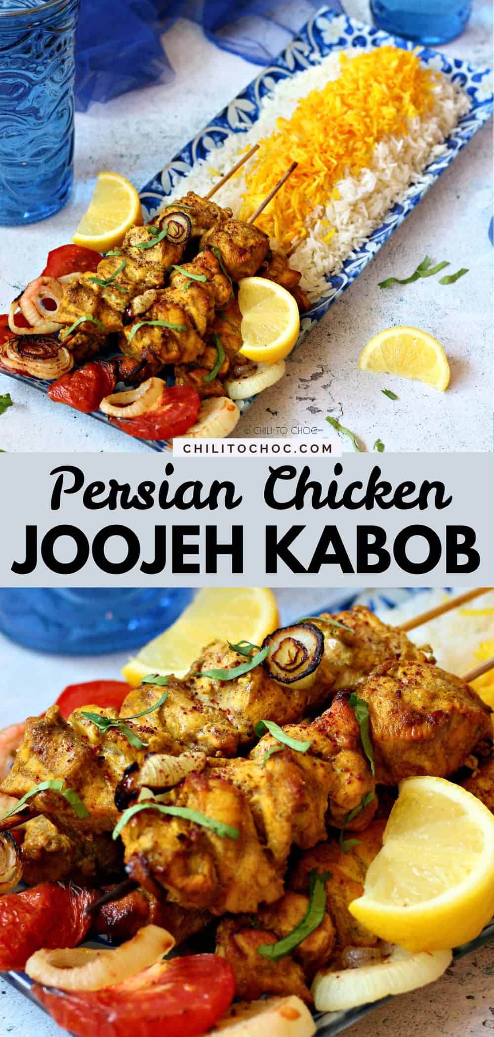 Pinterest collage for Persian joojeh kabob.