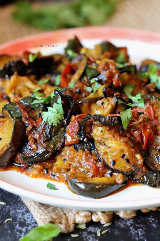 Closeup of eggplant curry in a plate