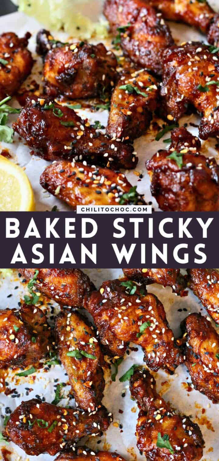 Pinterest collage for baked sticky Asian chicken wings.