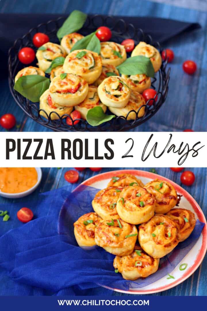 Cheesy sausage pizza rolls on a white plate and caprese pizza rolls on a black serving stand.