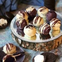 Oreo truffles on a glass platter