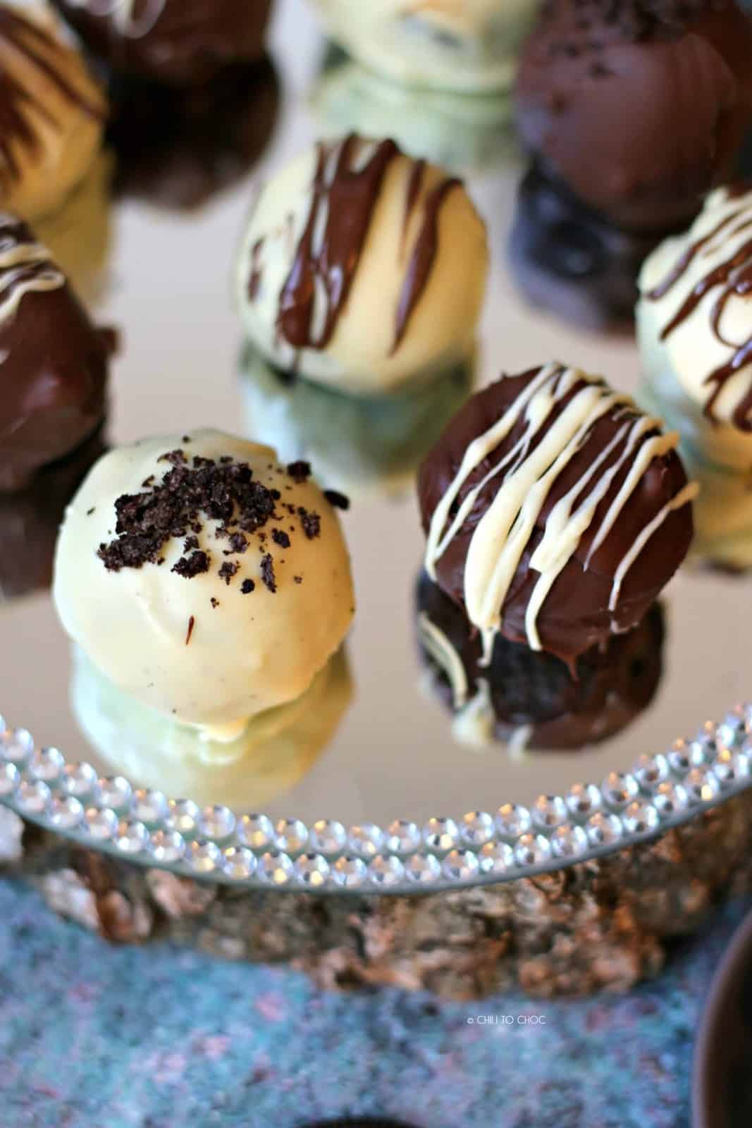 Oreo truffles coated with white and milk chocolate