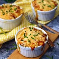 Mac and Cheese for Two served in ramekins with two forks on the side