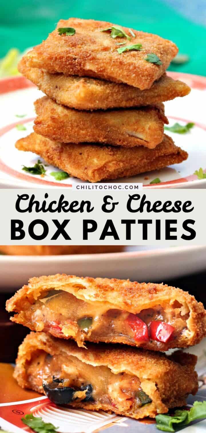 Pinterest collage for chicken and cheese box patties.