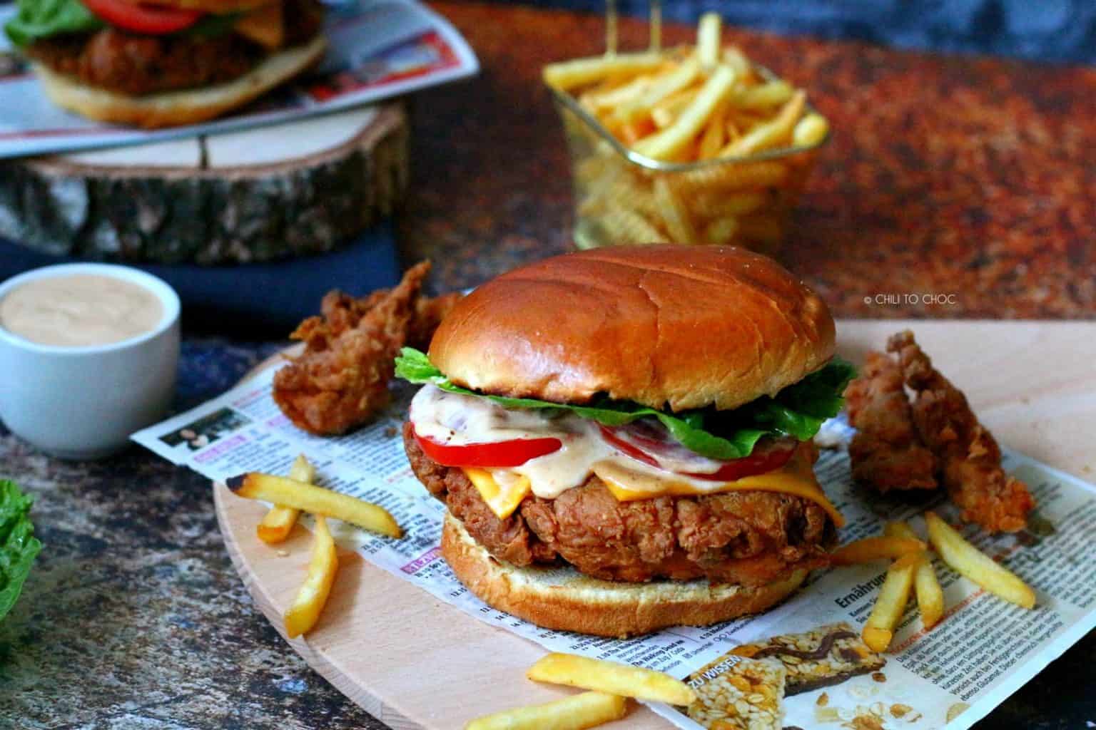 KFC-Style Crispy Chicken Burger (Zinger Burger) - Chili to Choc