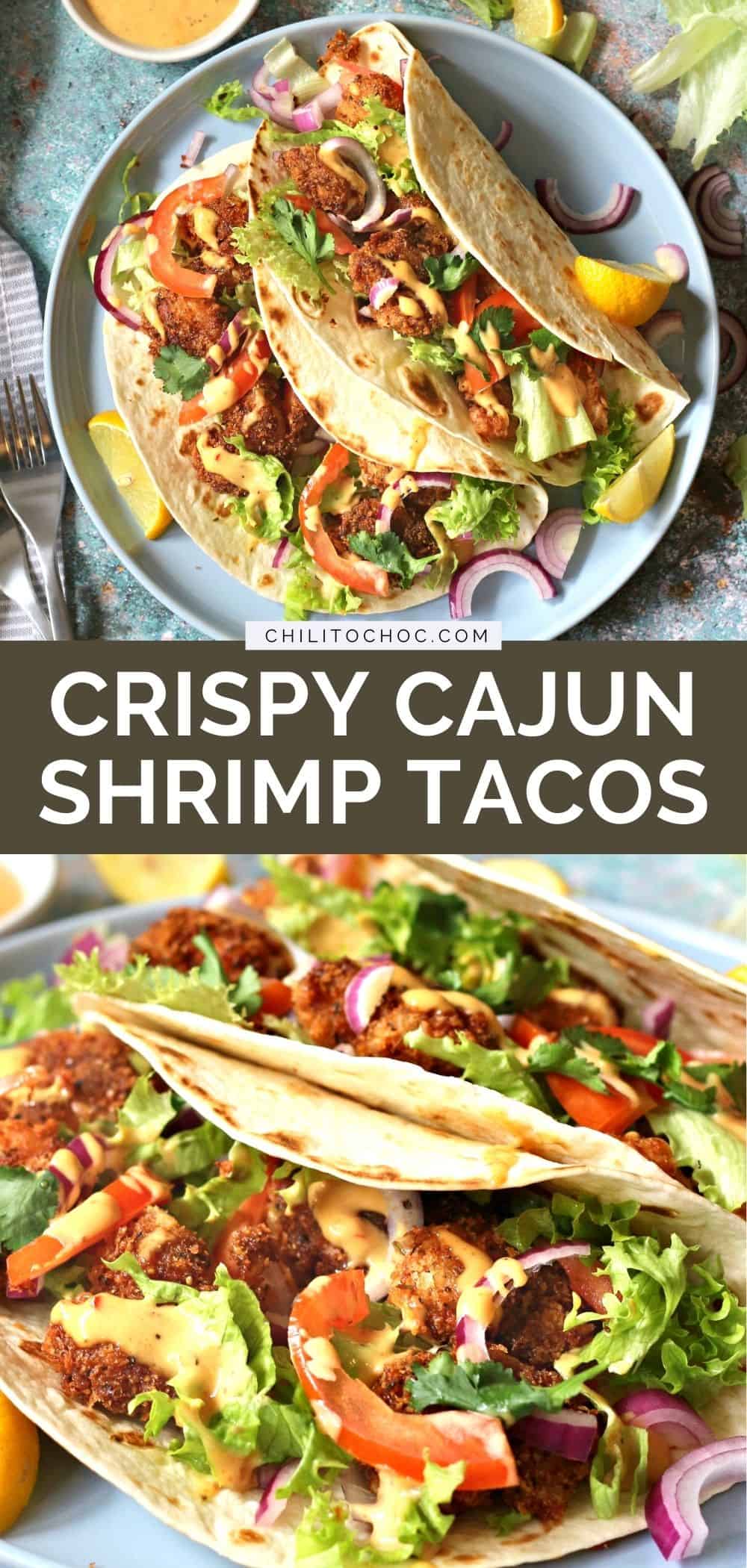 pinterest graphic for crispy cajun shrimp tacos