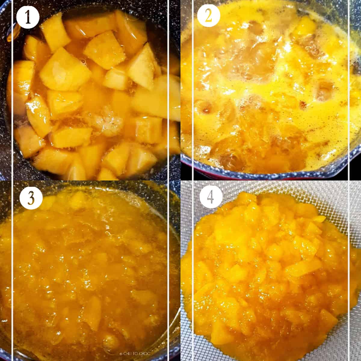 step by step instructions of making mango syrup for iced tea