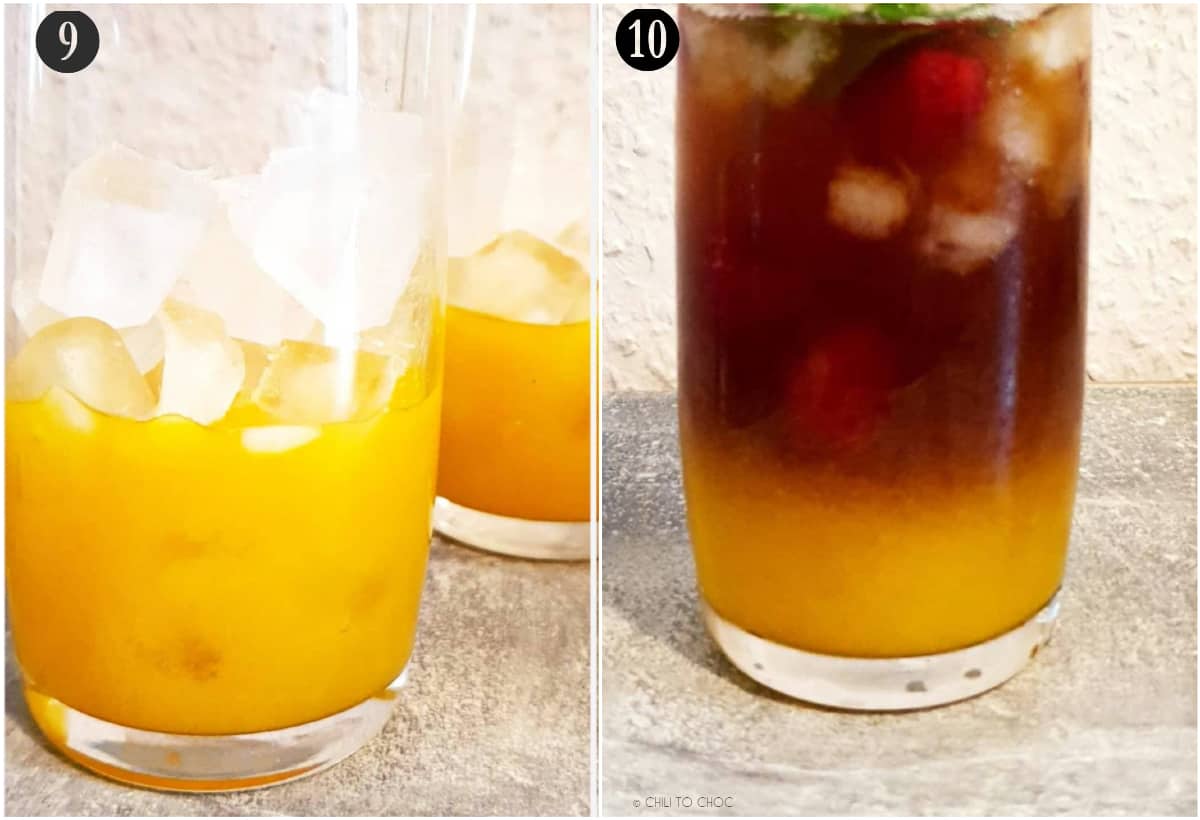 Left picture of mango syrup with ice cubes in a glass and right picture of the mango syrup topped with black tea