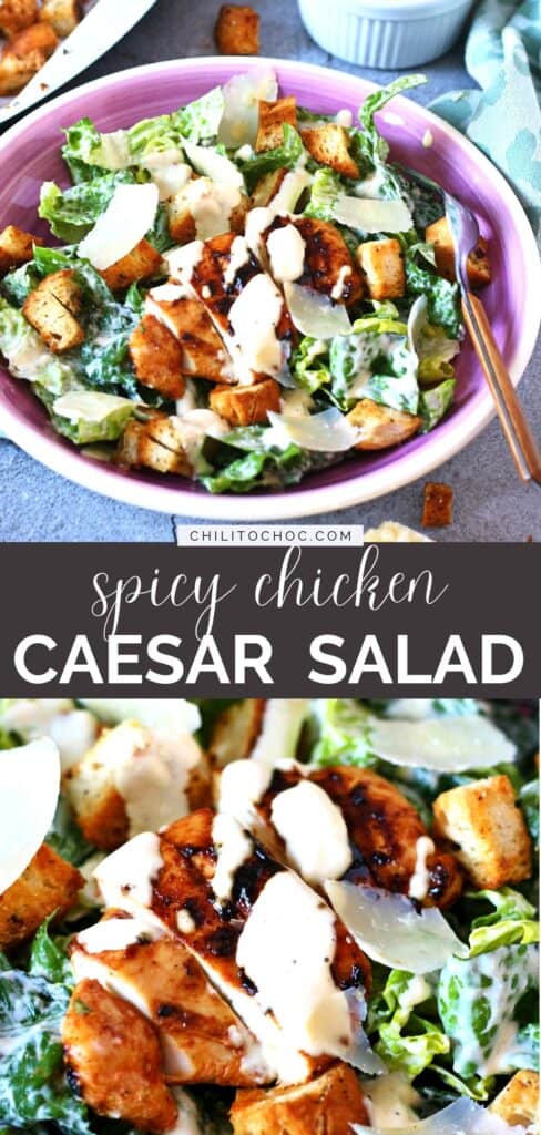 Pinterest Graphic for spicy chicken Caesar Salad