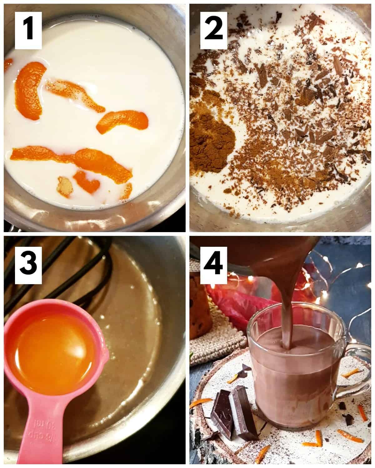 Step by step instructions of making orange hot chocolate.