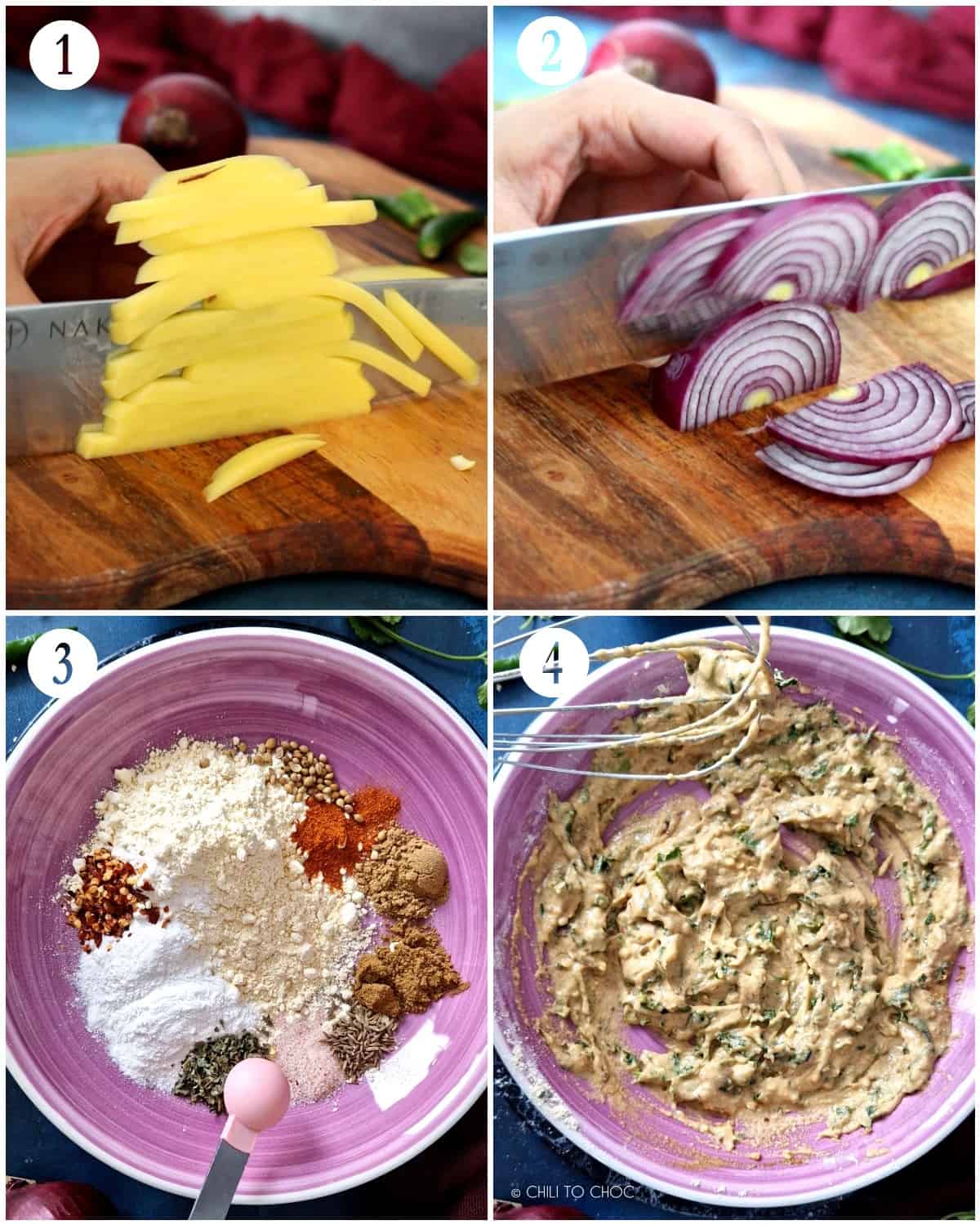 Step by step of slicing potatoes, onions and mixing of pakora batter,