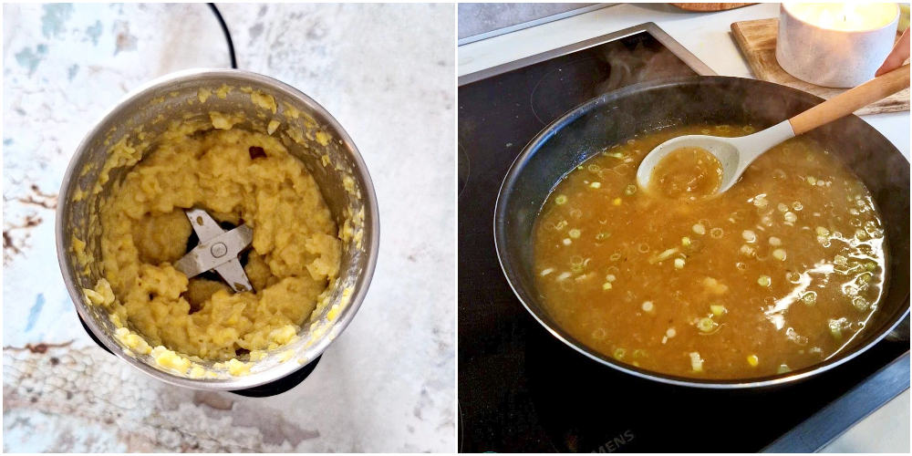 Blended cream on the left and simmering chicken stock on the right.