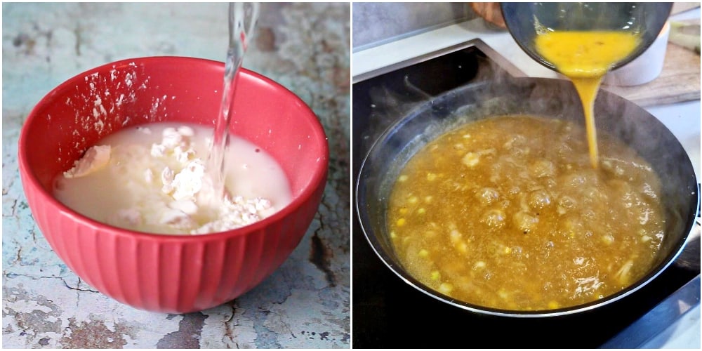 Water being poured in cornflour on the left and beaten eggs being added to the soup on the right.