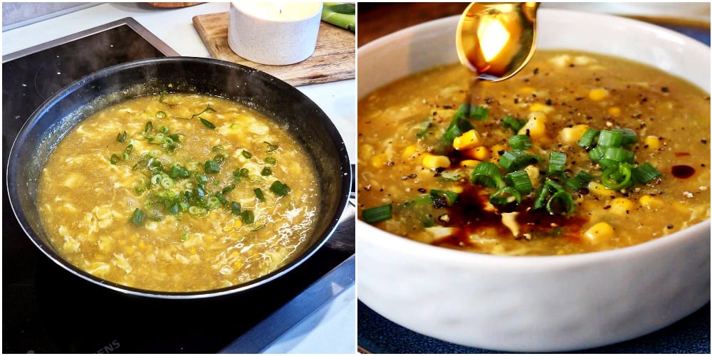 Soup in a wok garnished with green onion on the left and soy sauce being drizzled in the soup bowl on the right.