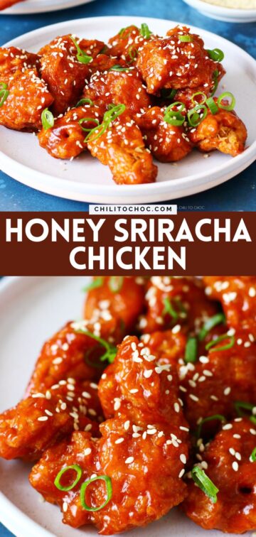 Pinterest graphic for Honey Sriracha Chicken.