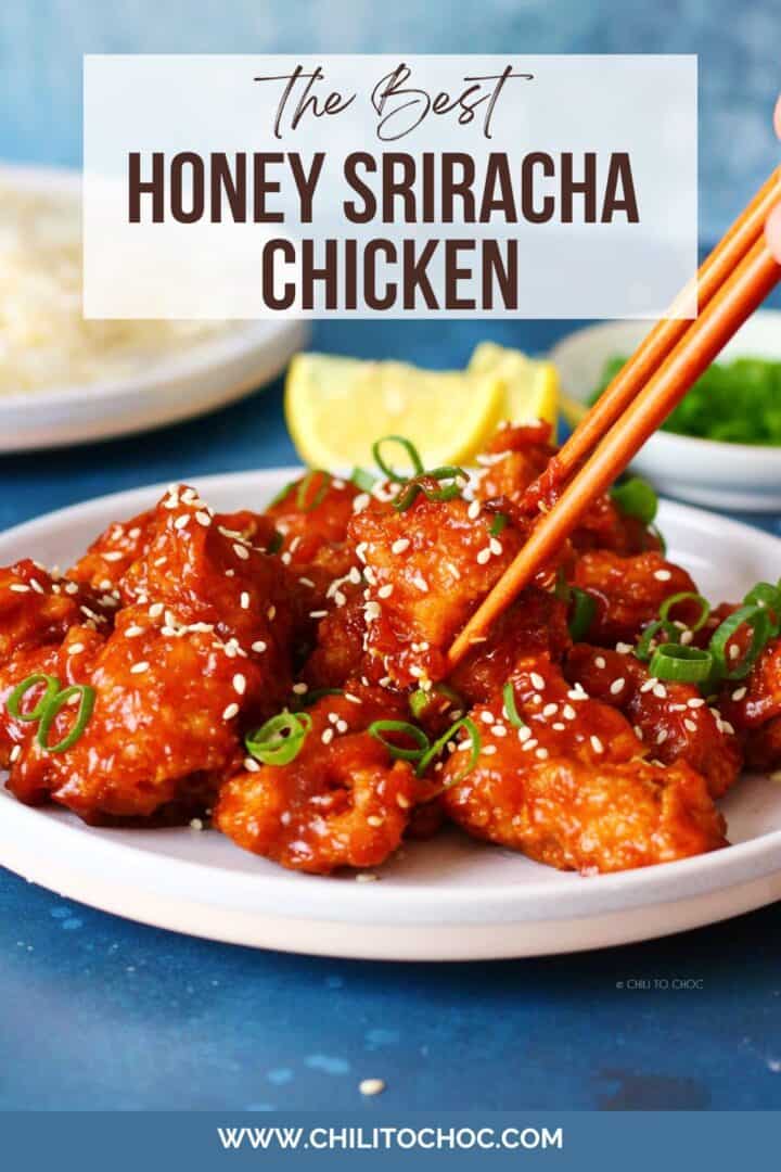 Picking honey sriracha chicken with a chopstick.