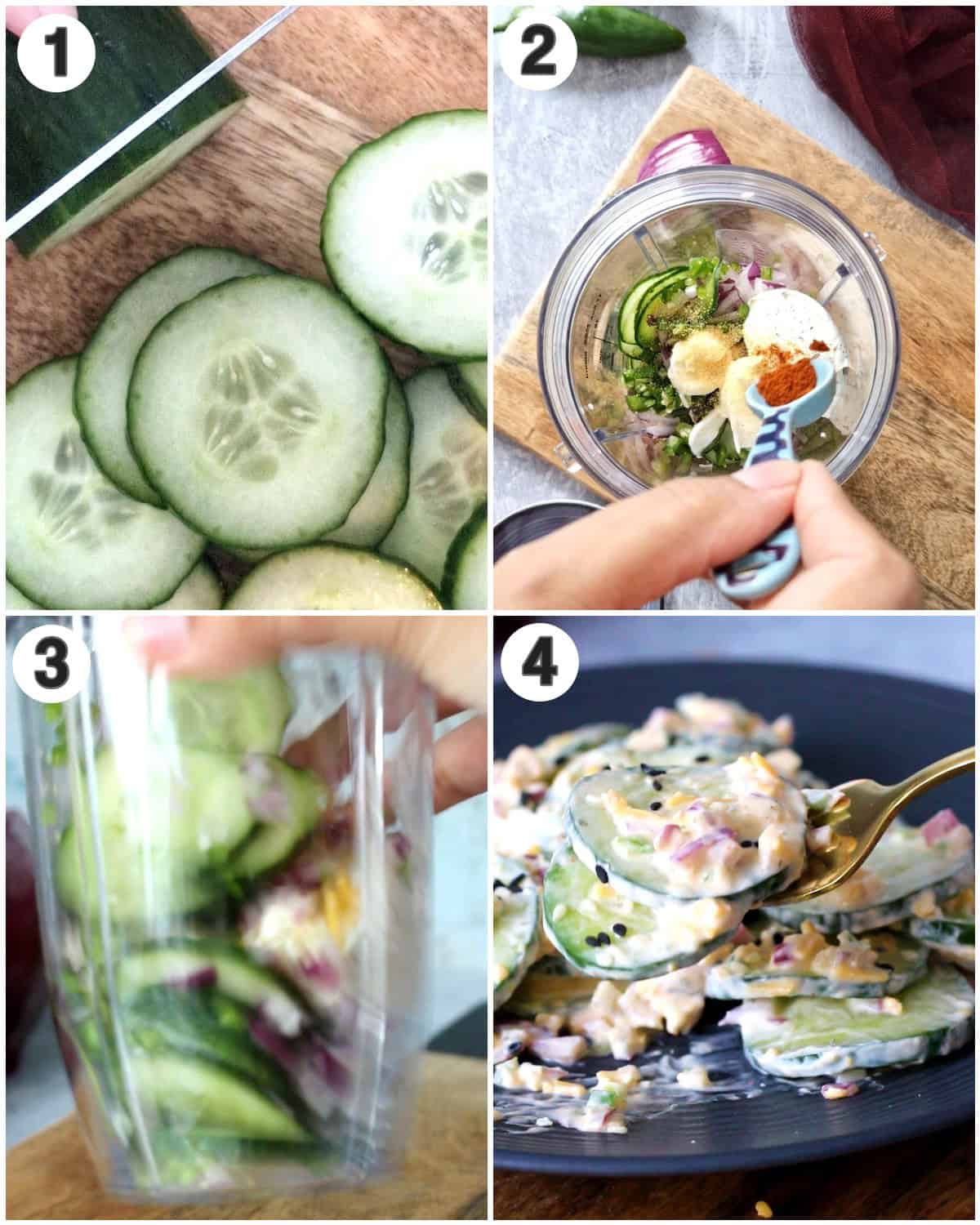 Step by step instructions for making jalapeno popper cucumber salad.