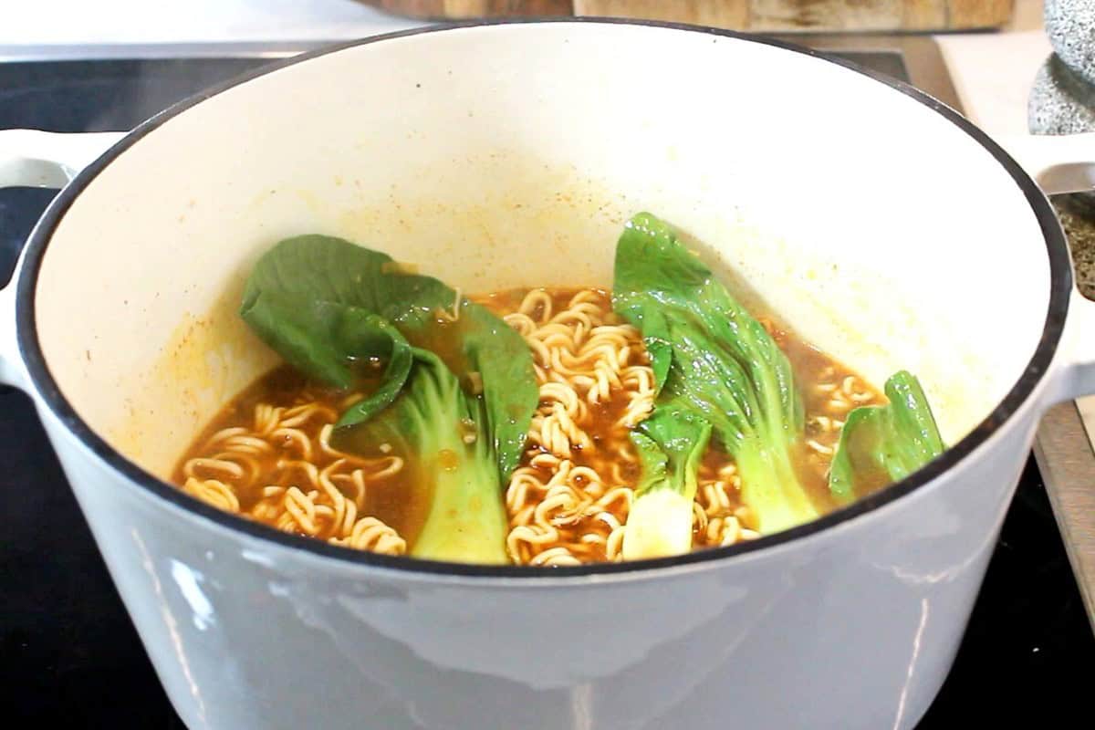 Noodle soup with bok choy in a Dutch pot.