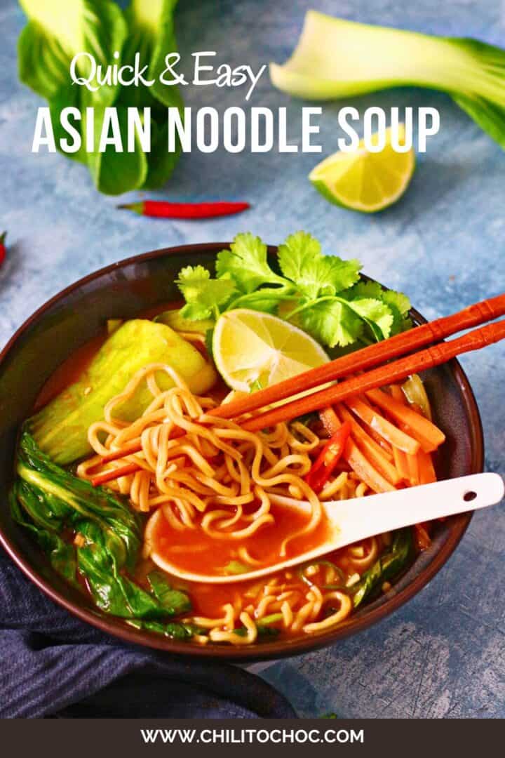 Pinterest graphic for Asian noodle soup with toppings in a brown bowl.