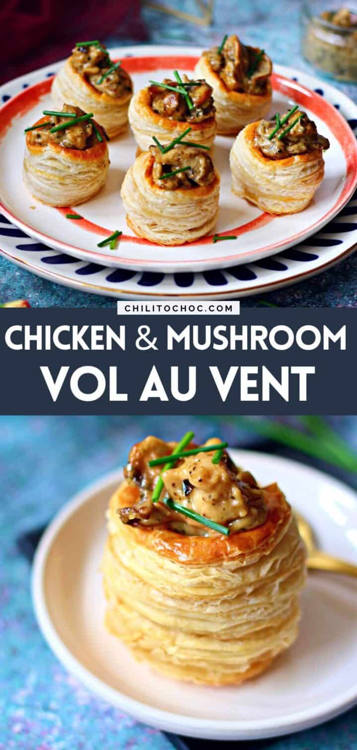 Pinterest collage for chicken and mushroom vol au vent.