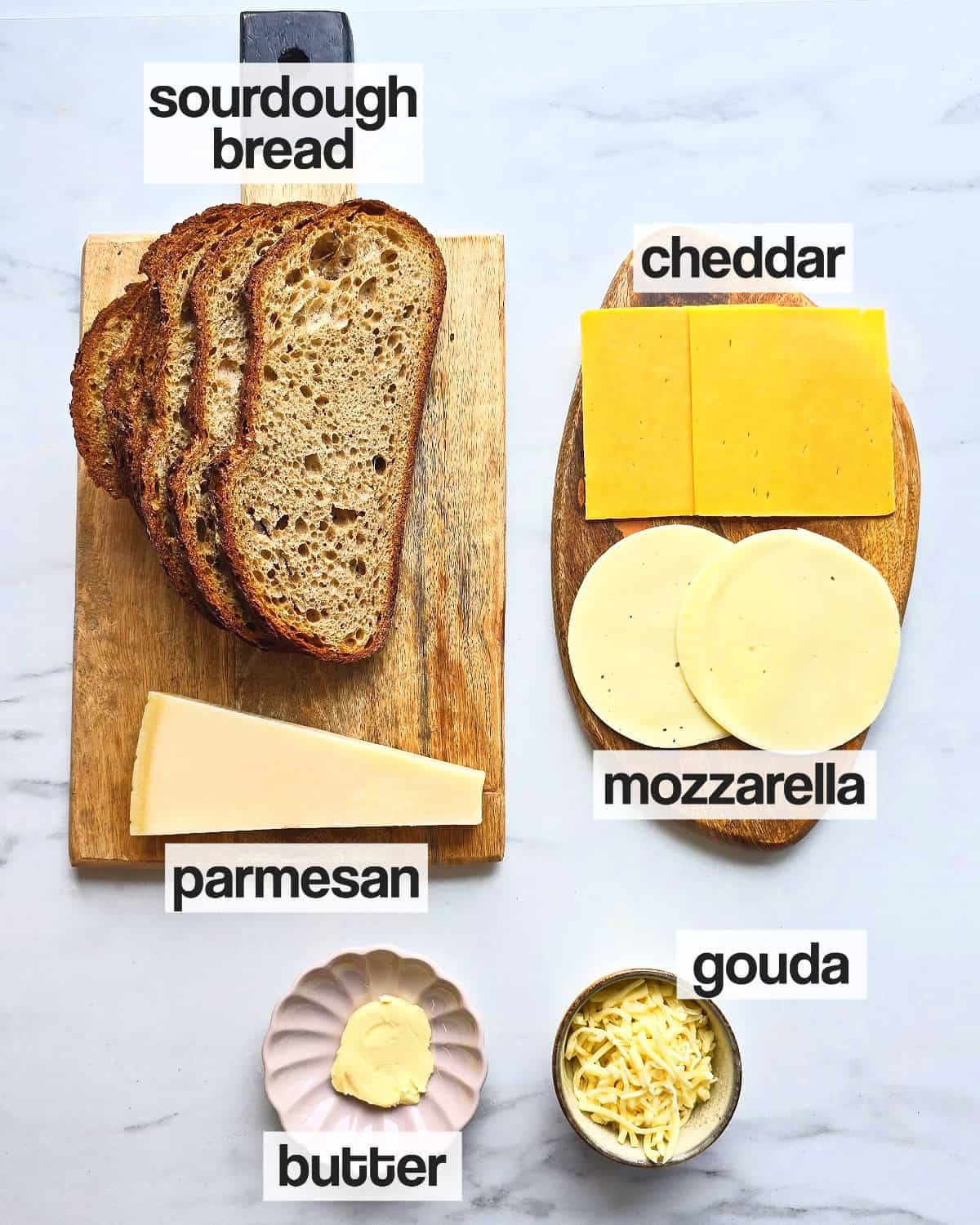 Ingredients required for making sourdough grilled cheese.