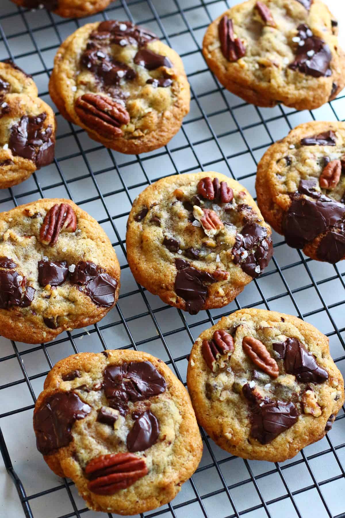 Chocolate pecan cookies on a wire rack.