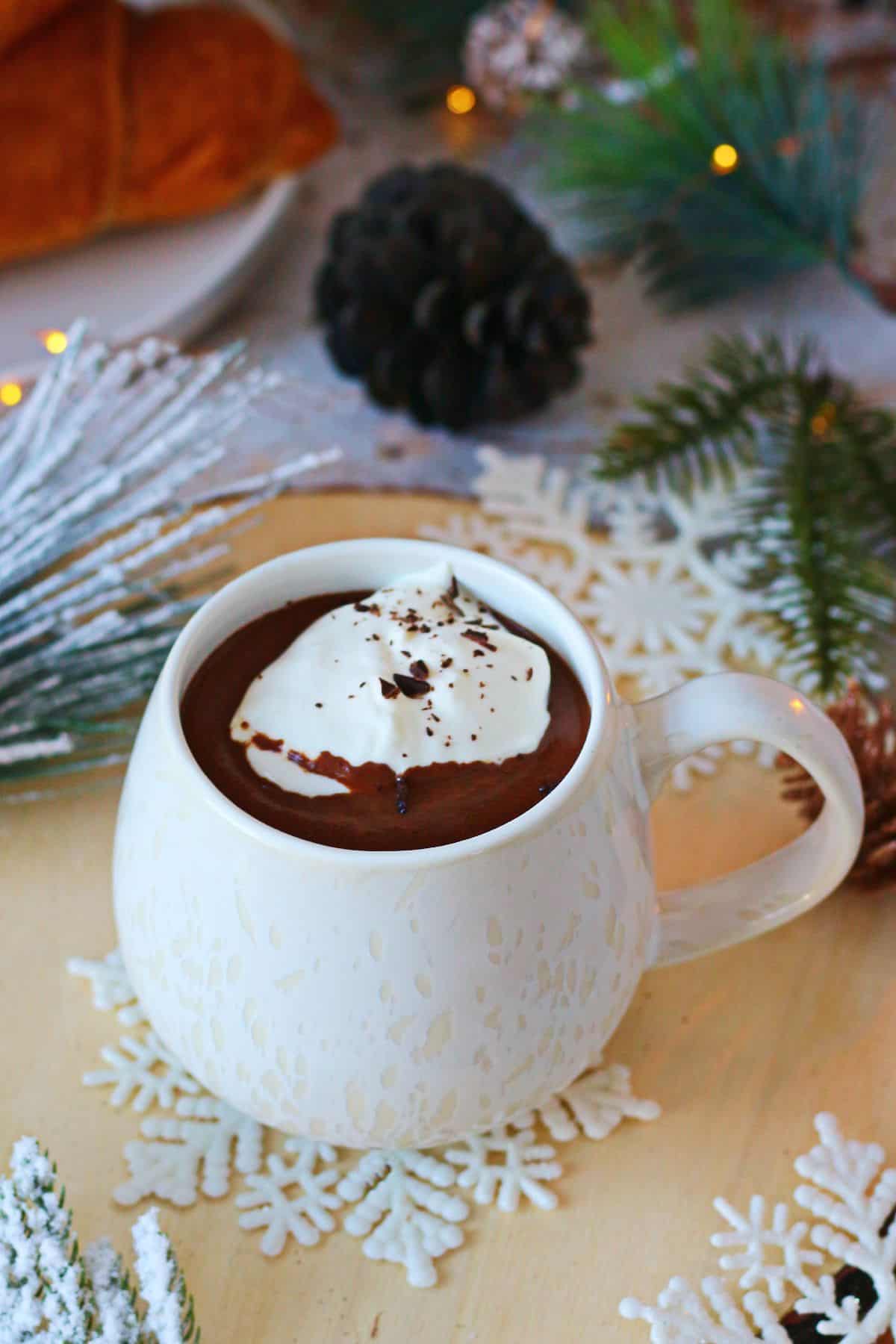 Hot Chocolate in a white mug with whipped cream on top and winter decor behind it.