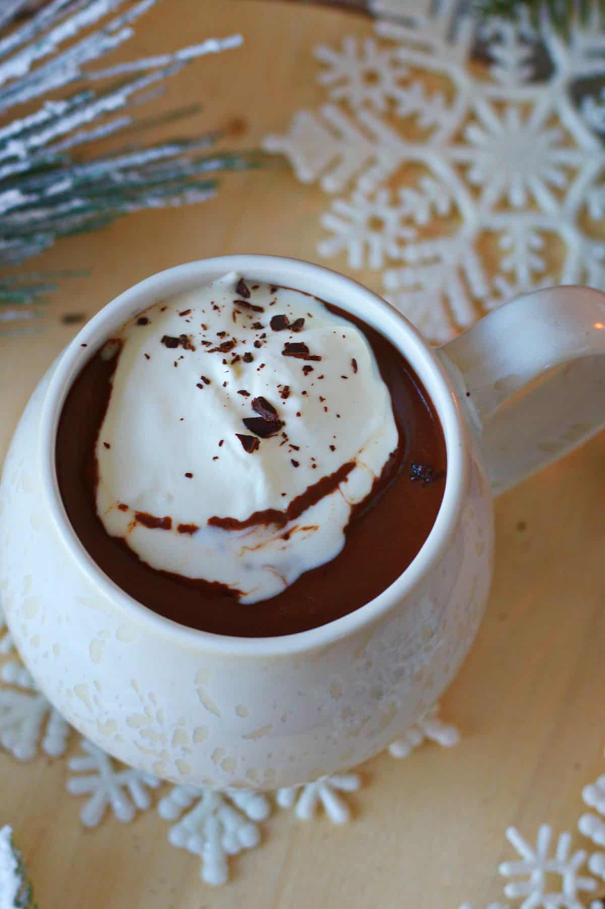 Hot chocolate mug from the top with whipped cream in its center.