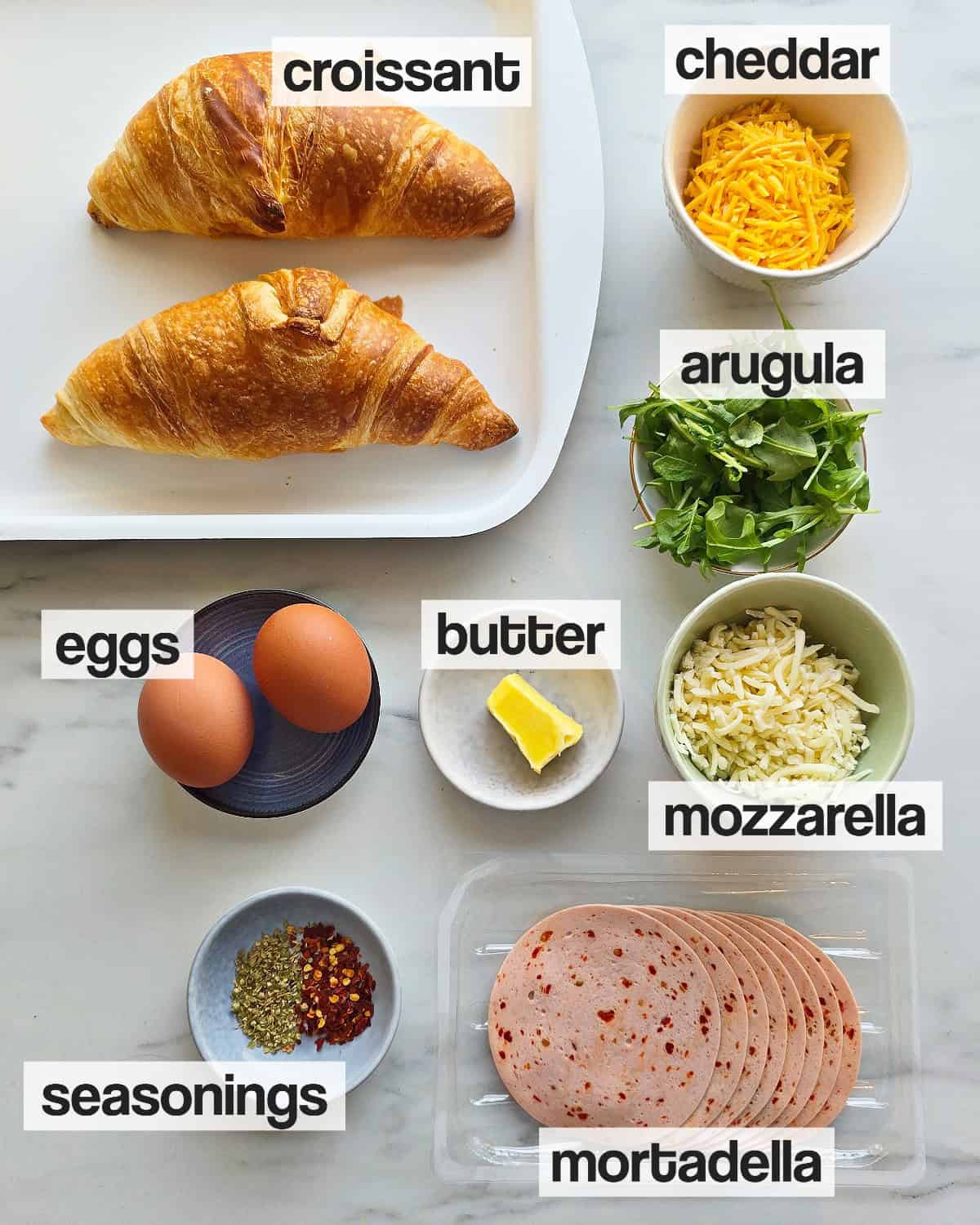 Labeled ingredients for Croissant Breakfast Sandwich.