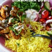 Pinterest graphic for chicken shawarma rice bowl.