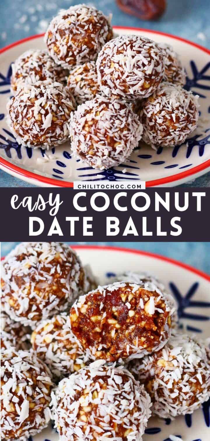 Pinterest collage for no bake easy coconut date balls.