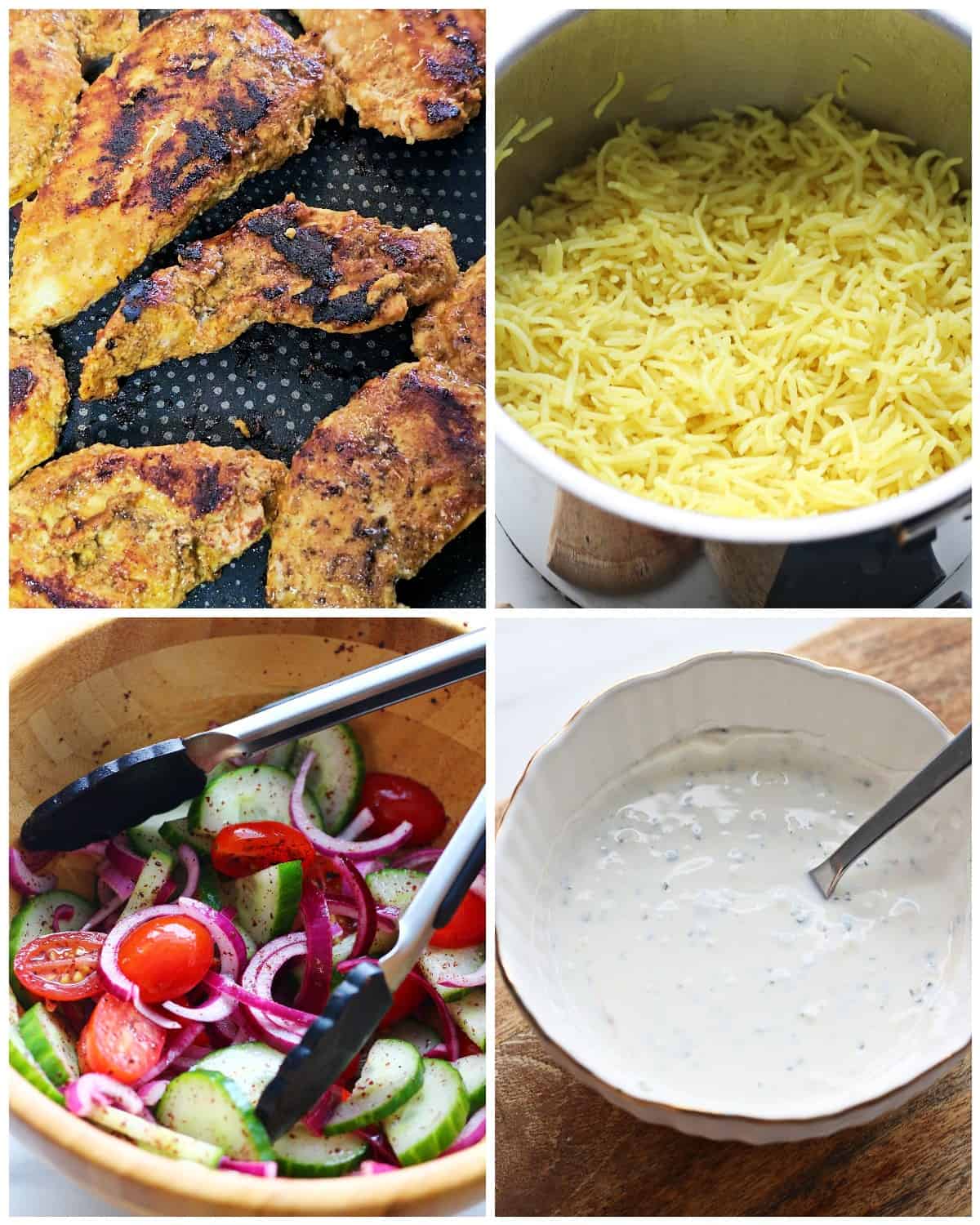 A collage with pictures of grilled chicken, yellow rice in a pot, salad and white sauce.