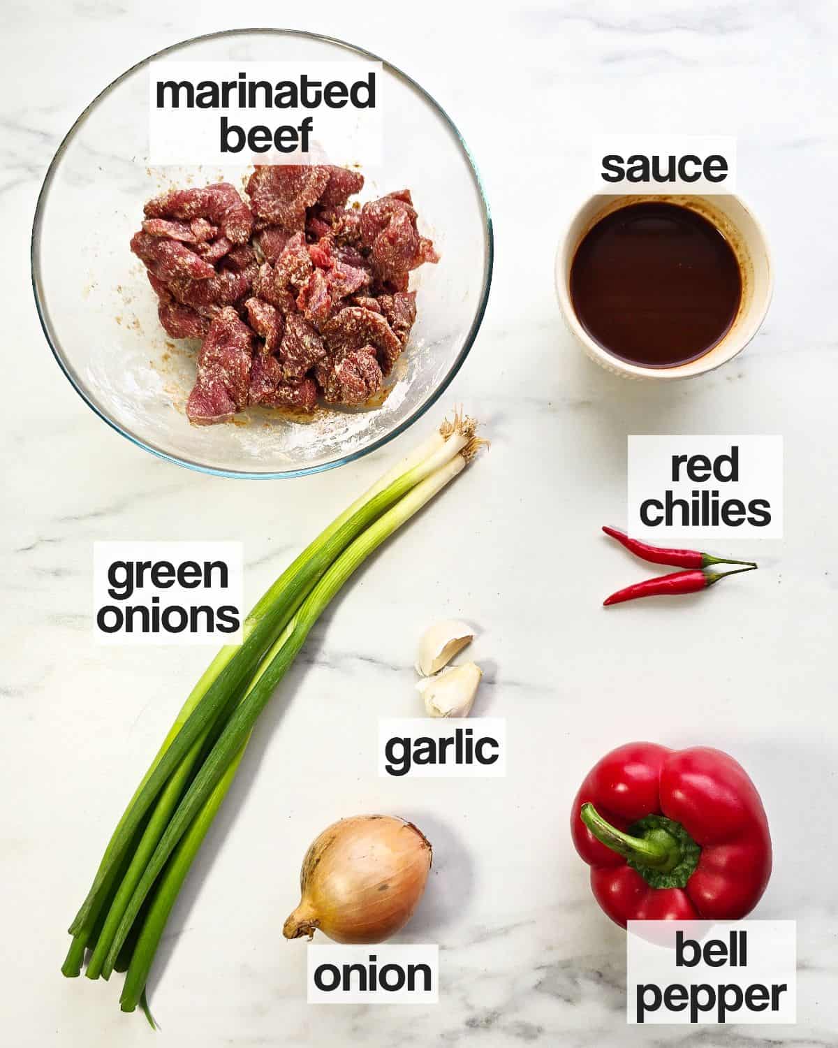 Labeled ingredients for Beijing Beef.