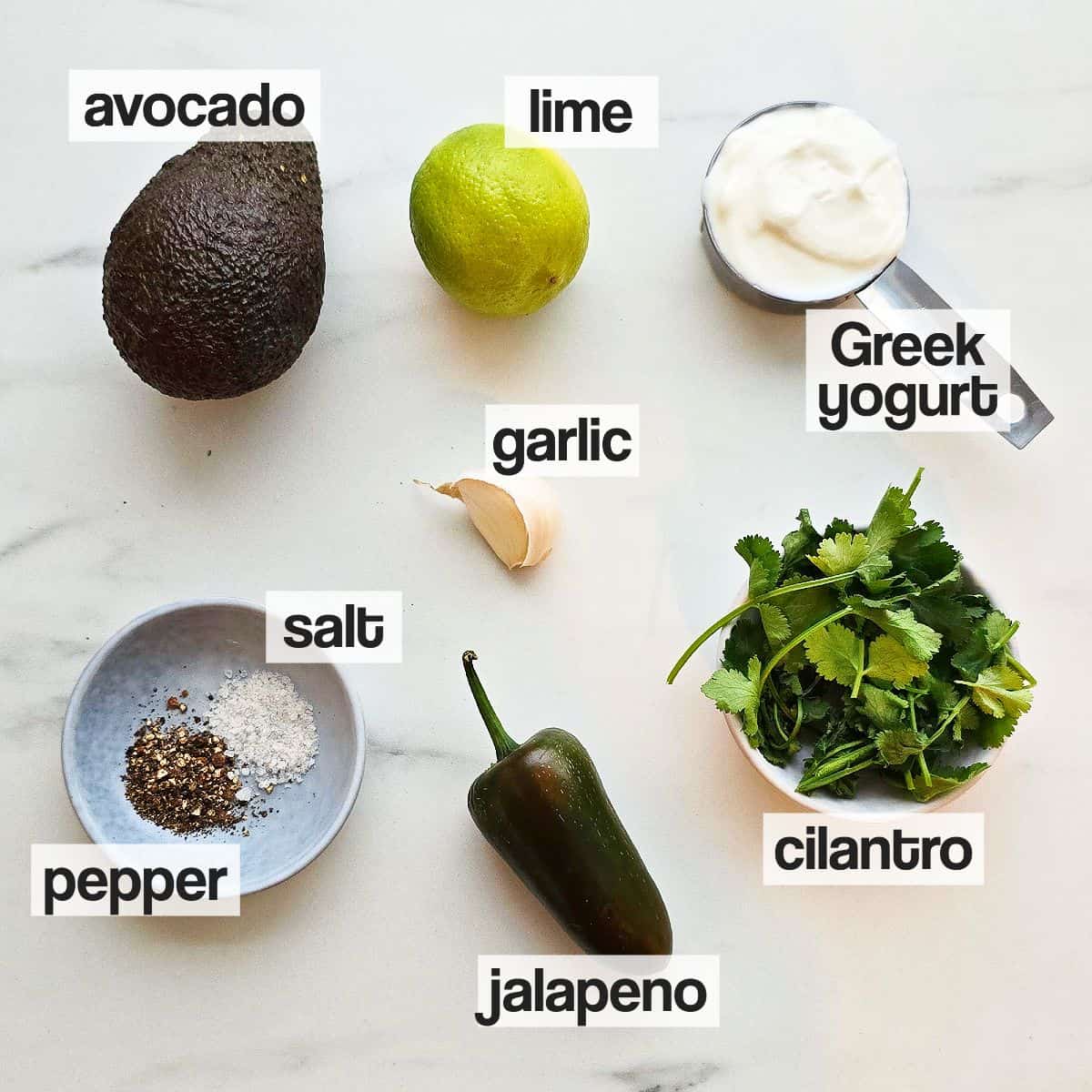 Labeled ingredients for Avocado Crema.