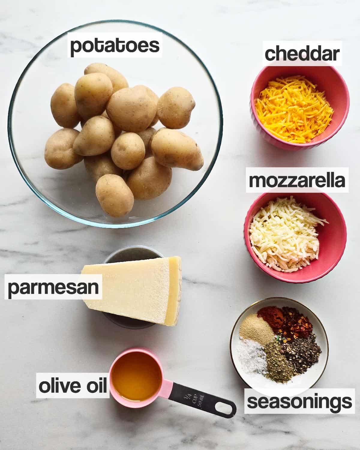 Labeled ingredients for Cheesy Smashed Potatoes.