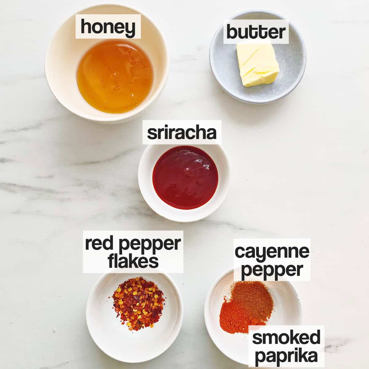 Labeled ingredients for hot honey sauce.