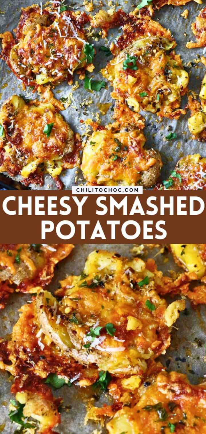 Pinterest collage for cheesy smashed potatoes.