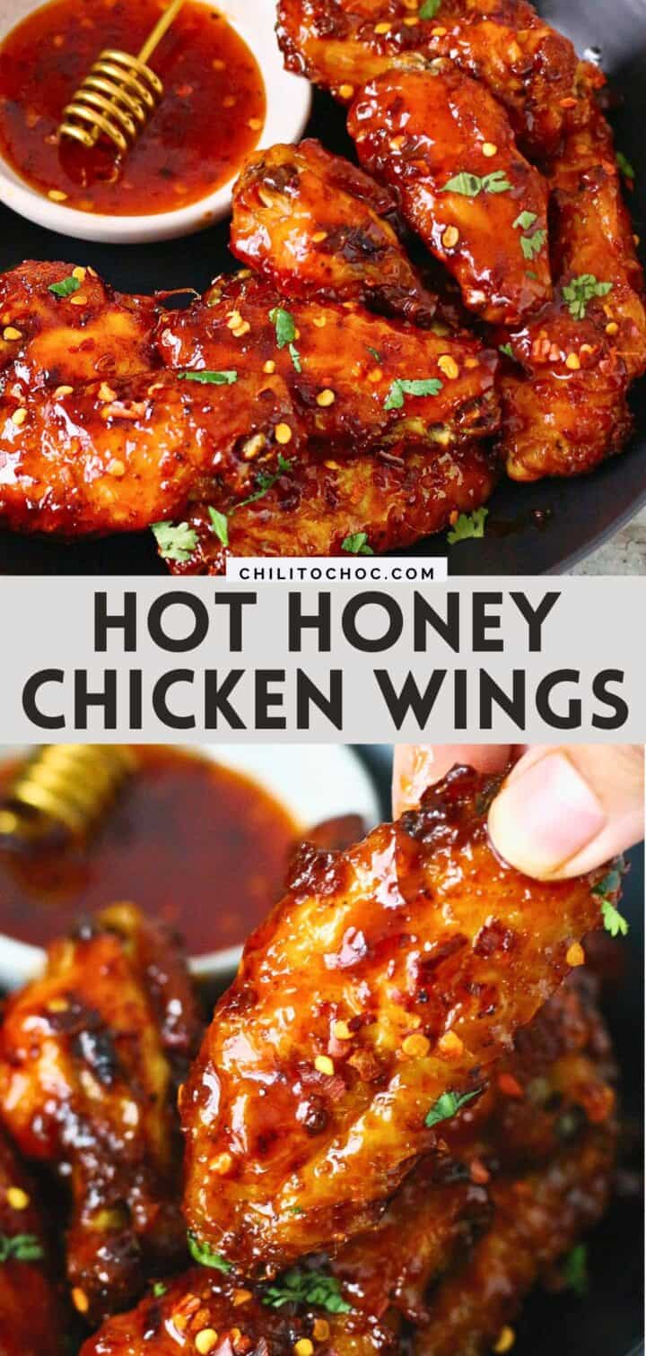 Pinterest collage for hot honey chicken wings.