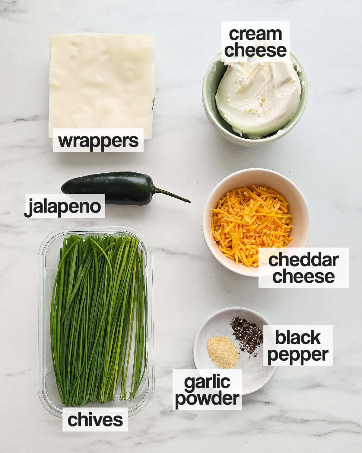 Labeled ingredients for making jalapeno popper wontons.