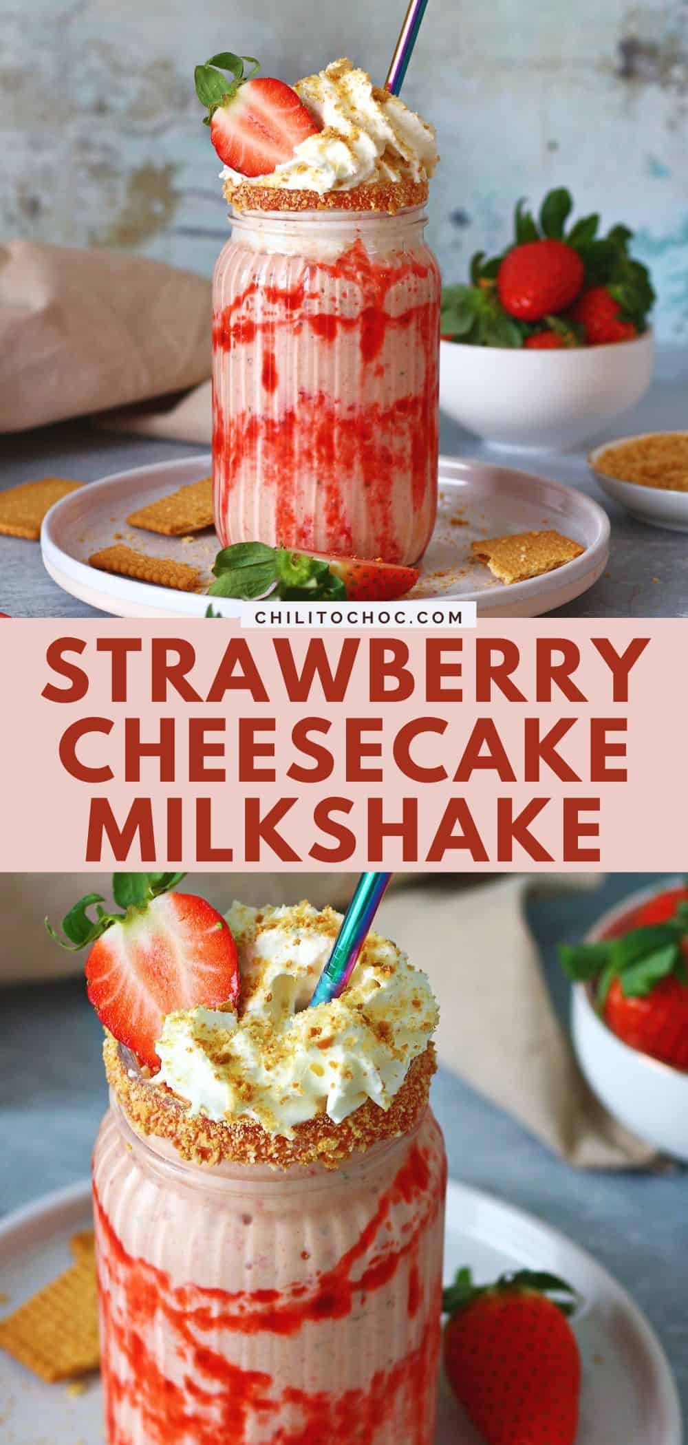 Pinterest collage for strawberry cheesecake milkshake.