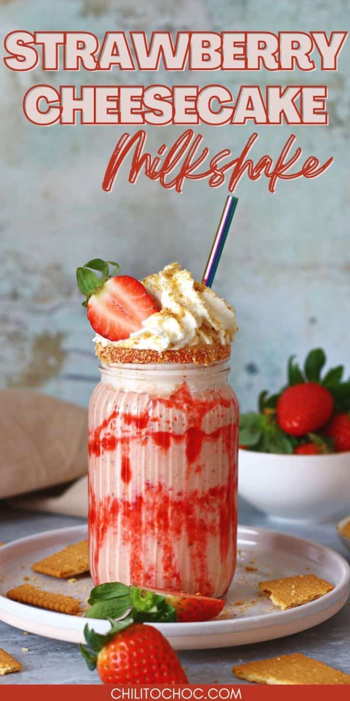 Pinterest graphic for strawberry cheesecake milkshake.