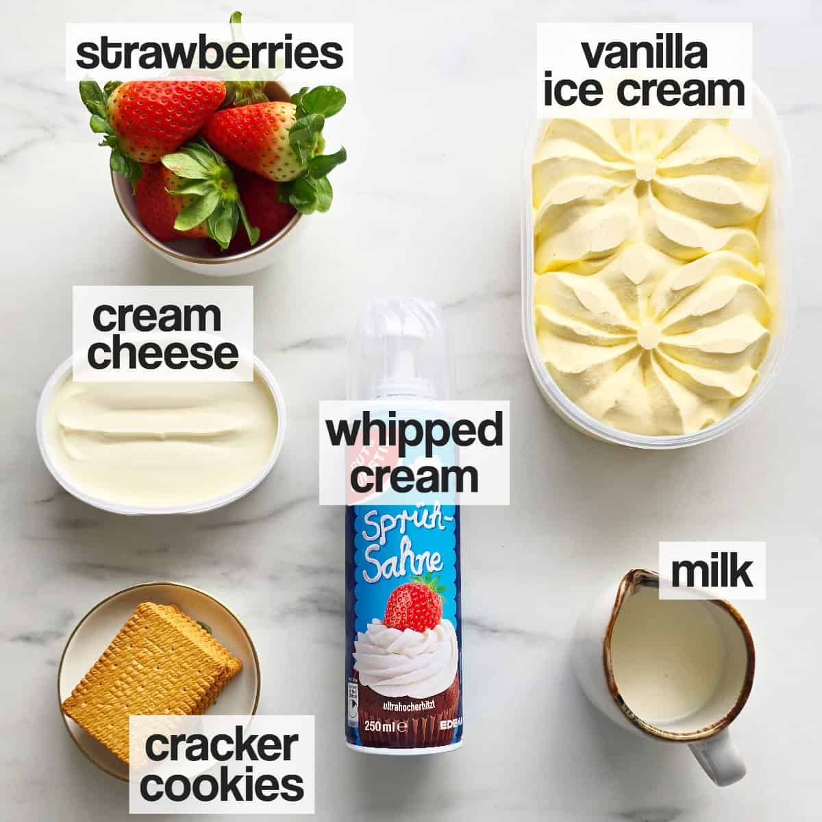 Labeled ingredients for Strawberry Cheesecake Milkshake.