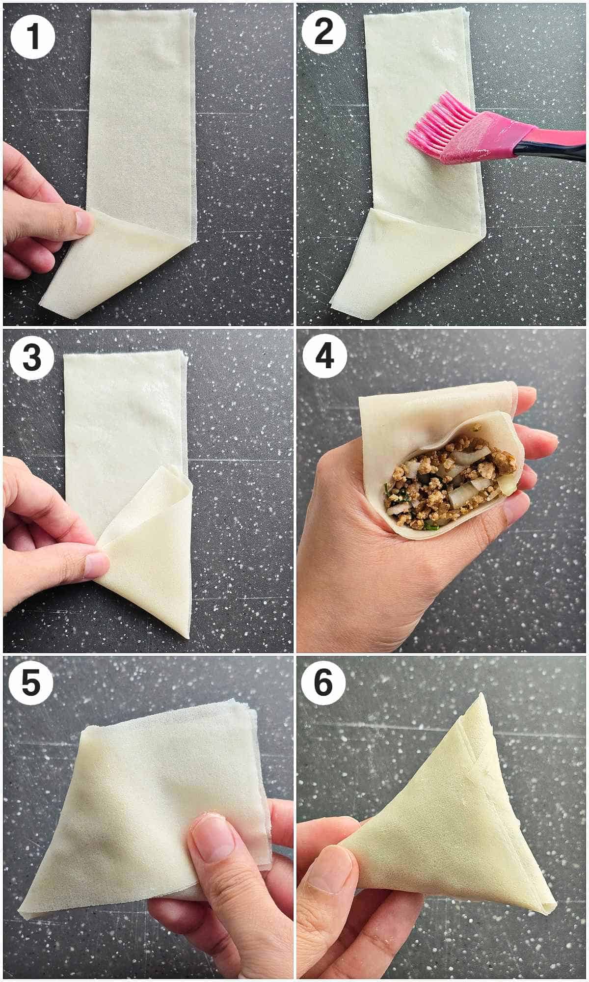 Step by step of how to fold a samosa.