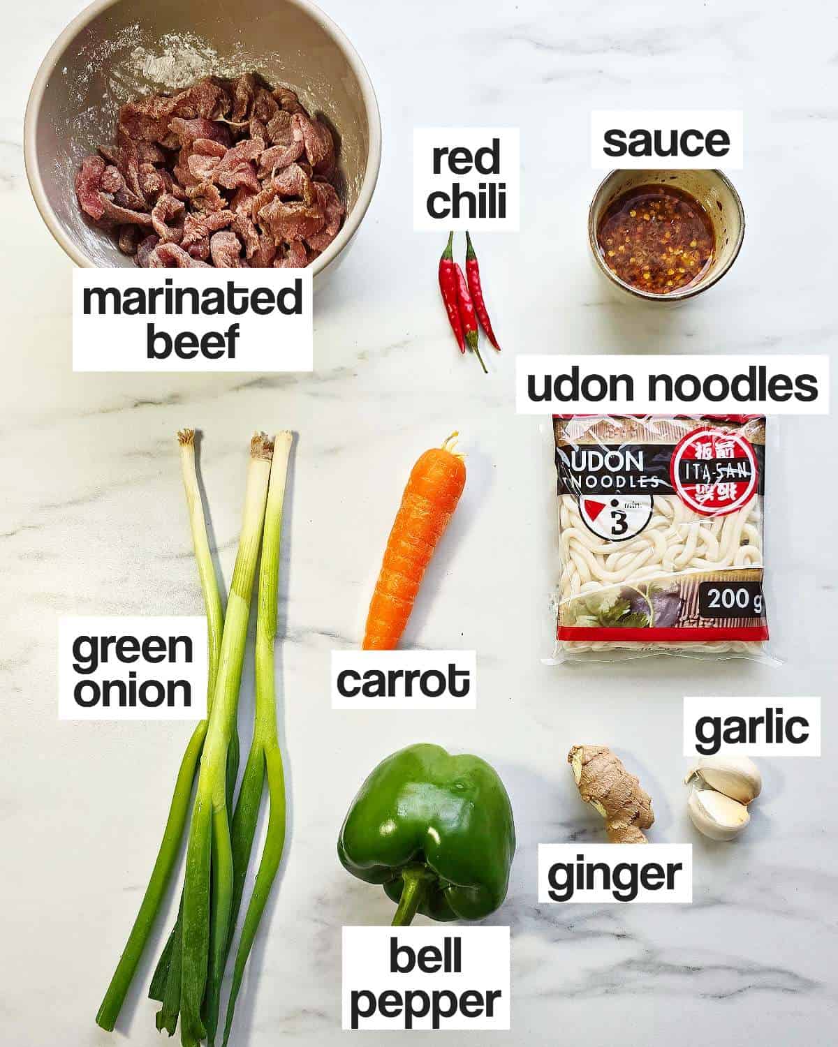 Labeled ingredients for Mongolian Beef Noodles.