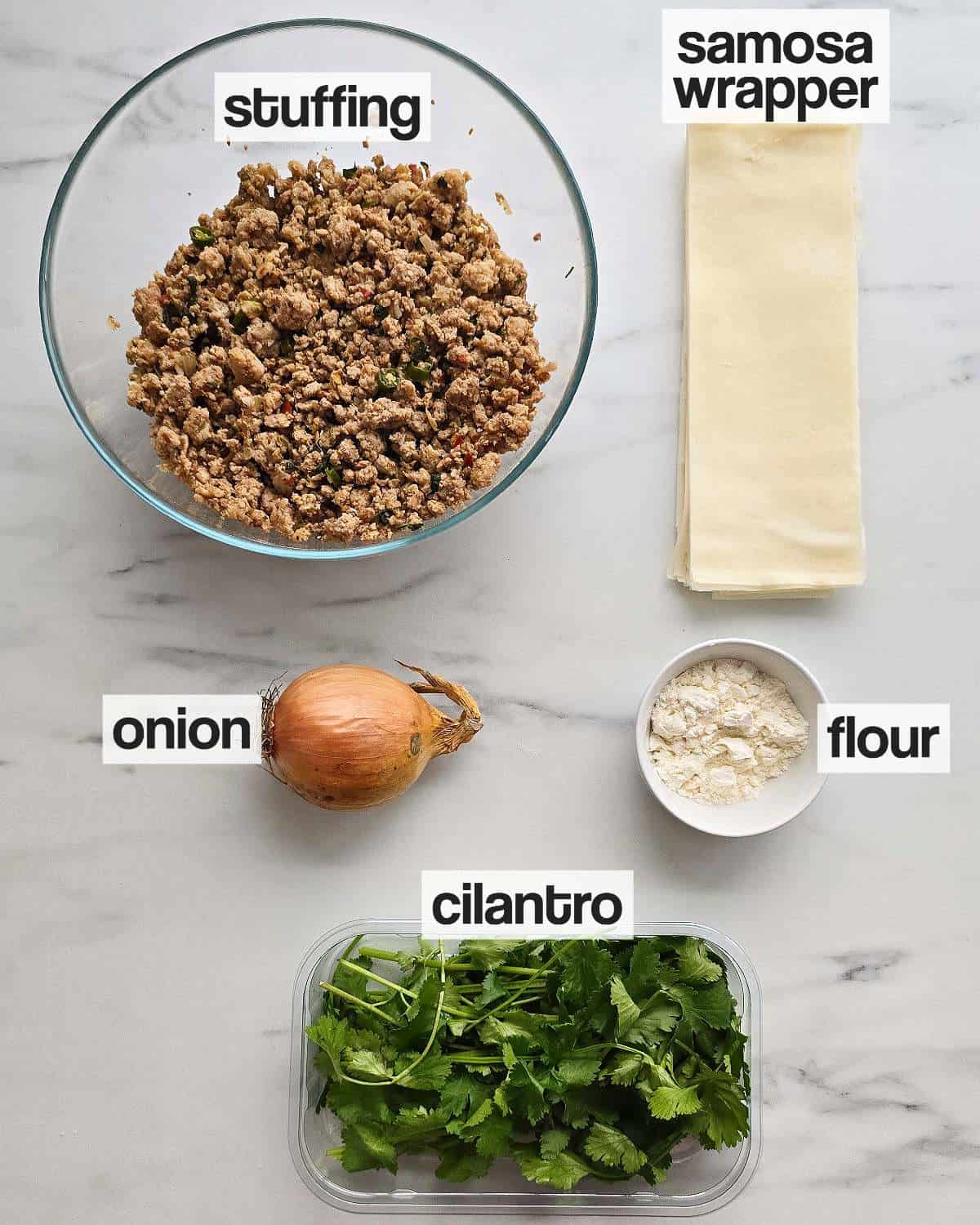 Labeled ingredients for making keema samosa.