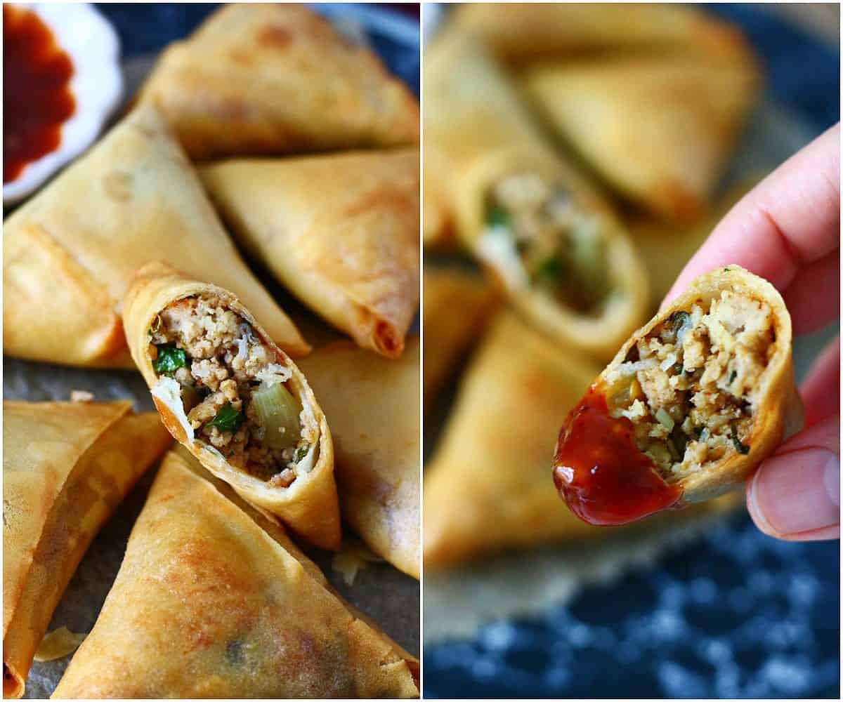 A collage with left image of several samosas, one cut open showing its filling. And at right, a hand holding a filled samosa, dipped in sauce.