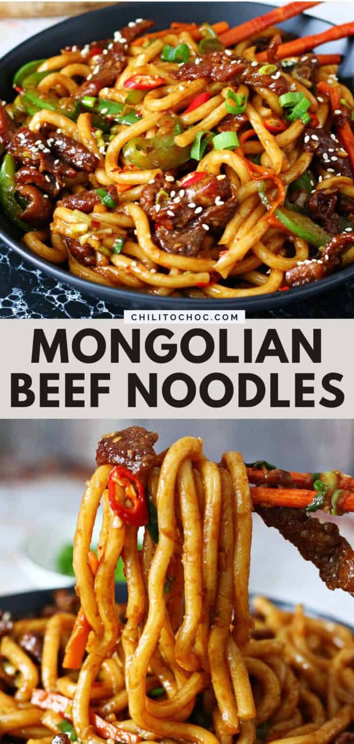 Pinterest collage for Mongolian Beef Noodles.